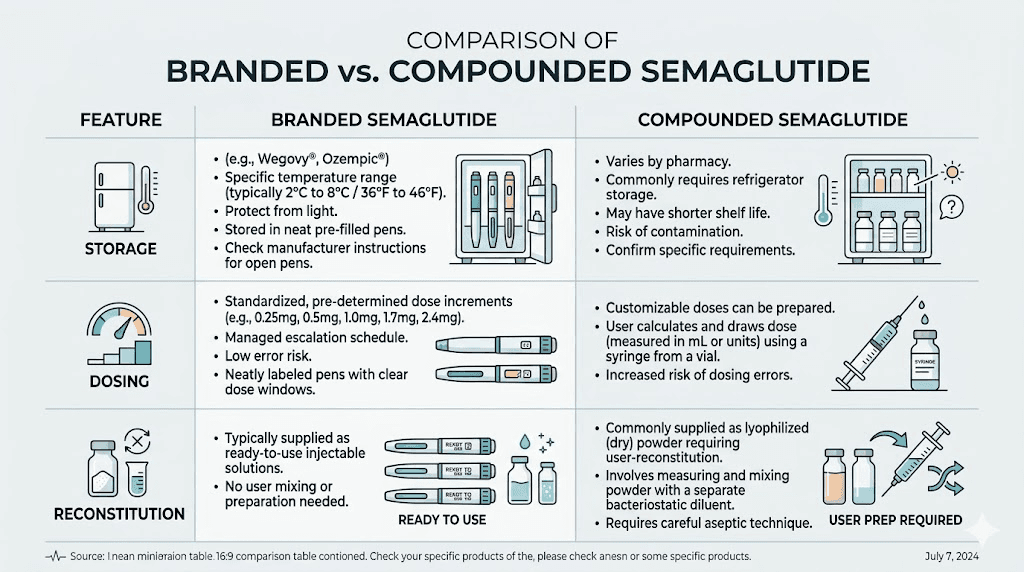 Branded versus compounded semaglutide comparison chart for storage dosing and reconstitution