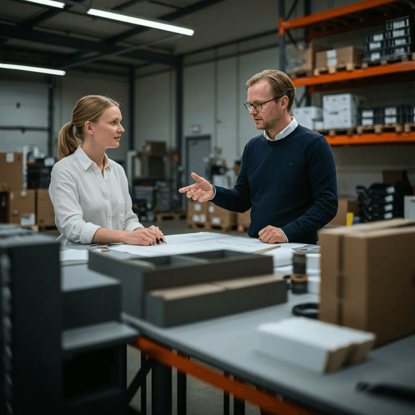 Two colleagues discussing work in a warehouse workshop