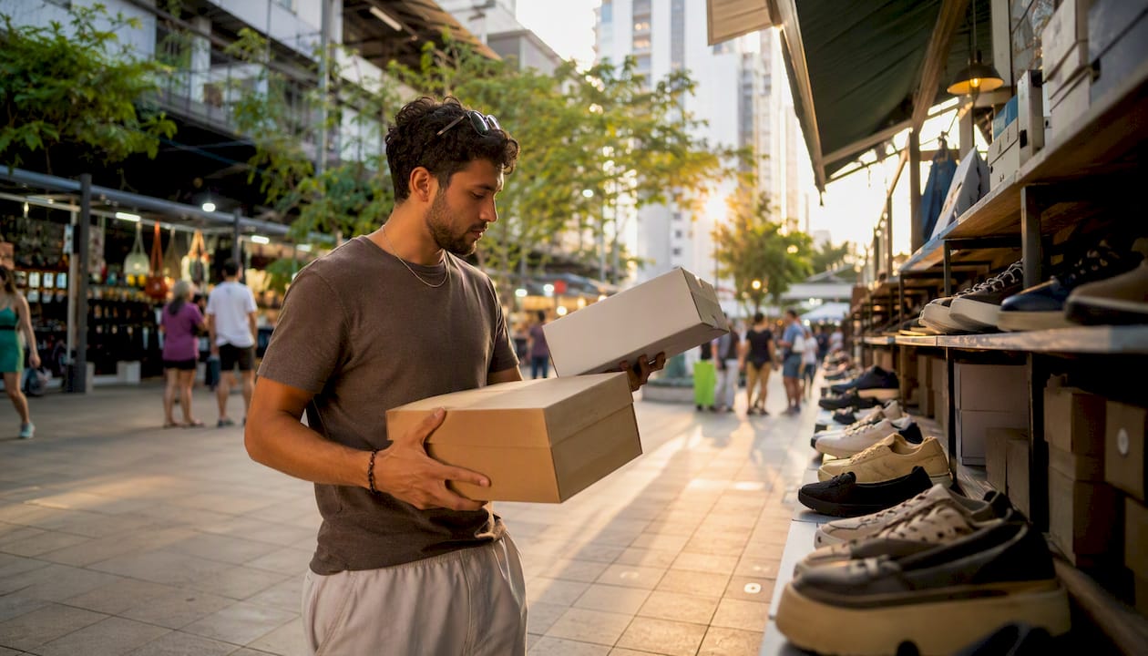 Retail shopper comparing shoe boxes