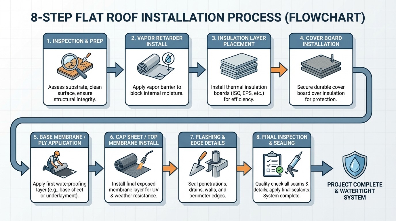 Eight-step flat roof installation process diagram