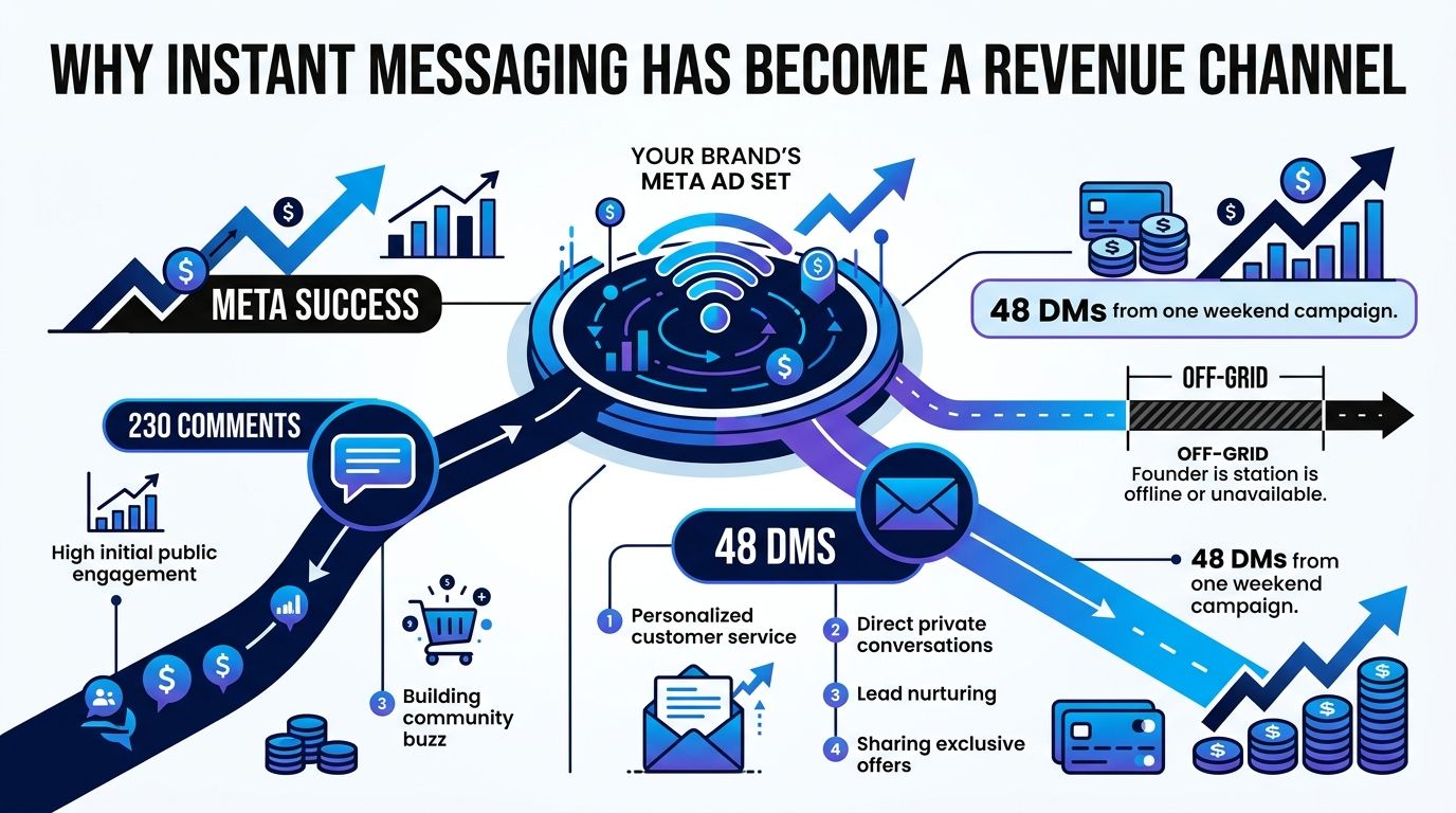 A diagram illustrating how instant messaging generates business revenue through social media ad strategies and customer interaction.