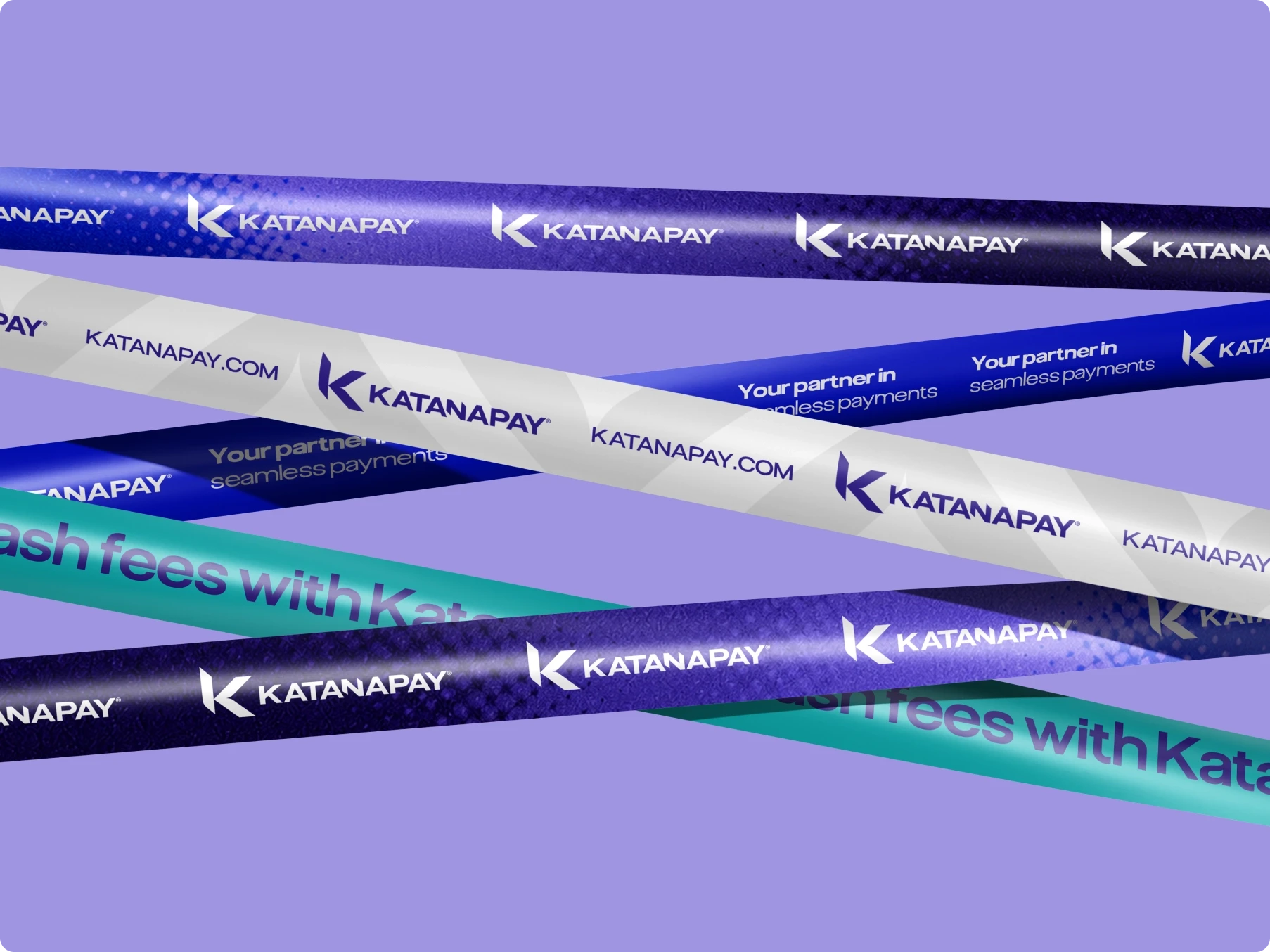 Overlapping purple and white KatanaPay ribbons form a dynamic layered pattern on lavender, featuring payment branding and “seamless payments” slogans.
