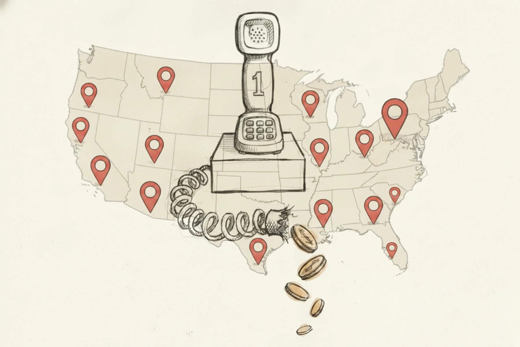 Google Business Profile missed calls home services — hand-drawn ink sketch of a first-place trophy with a severed telephone cord dripping coins downward, illustrating how top search rankings lose revenue to unanswered calls
