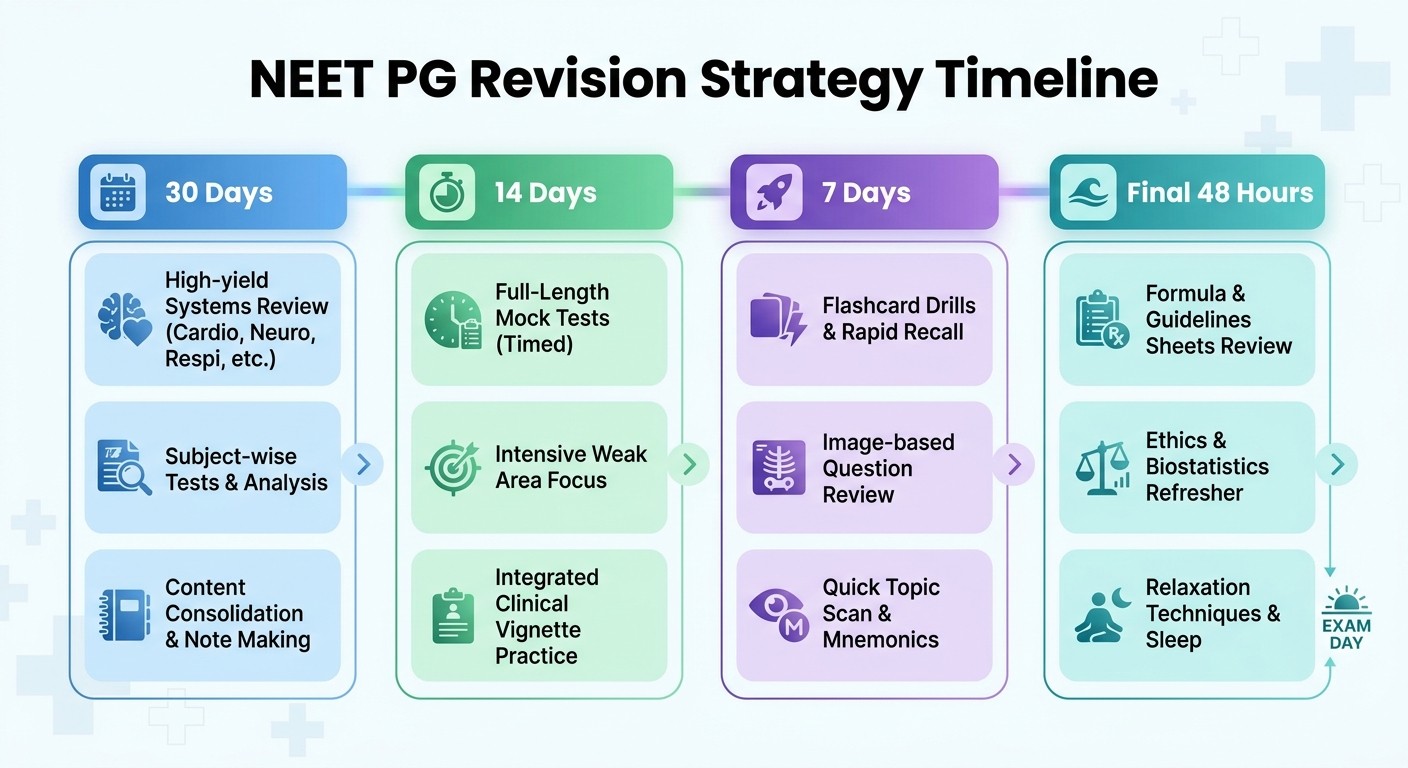NEET PG revision timeline infographic showing 30-day, 14-day, 7-day, and 48-hour strategies