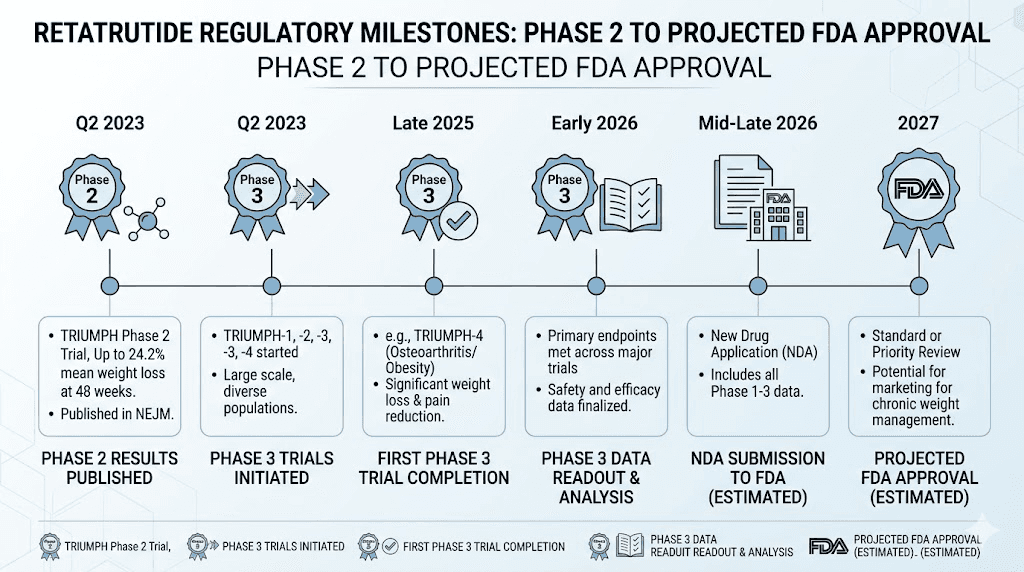 Retatrutide FDA approval timeline from clinical trials to projected availability