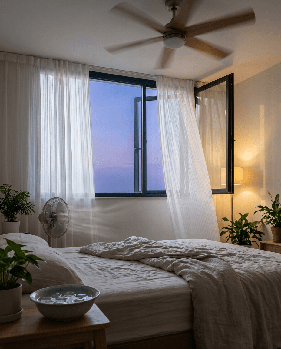 Indoor home with natural cooling elements like open windows, flowing curtains, and fans.