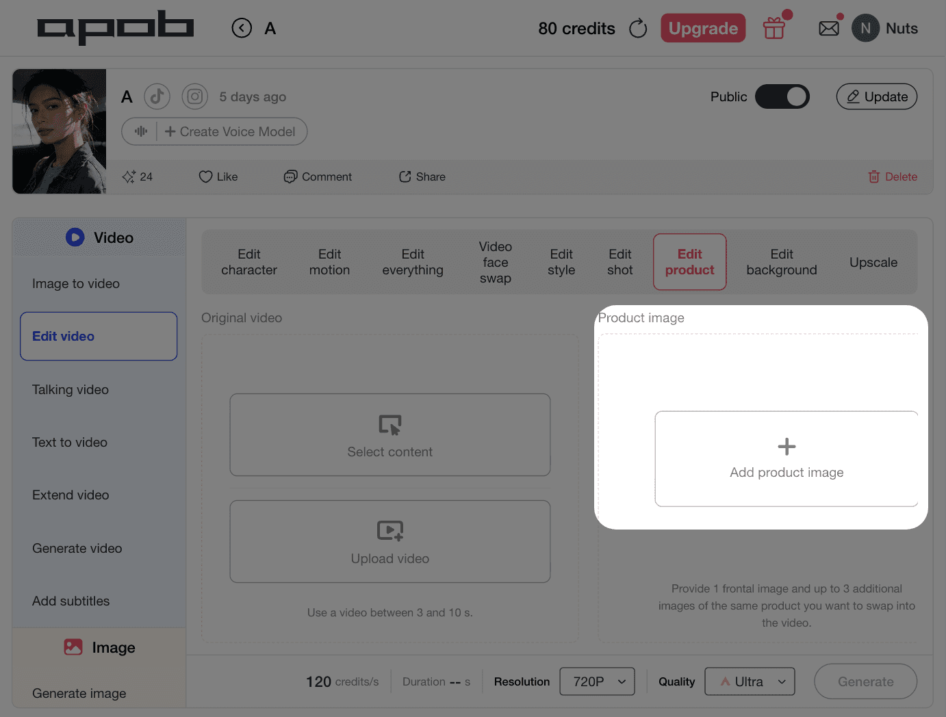 APOB AI video ad maker mettant en avant le panneau d’ajout d’image produit pour créer des publicités vidéo IA courtes et des démos UGC.