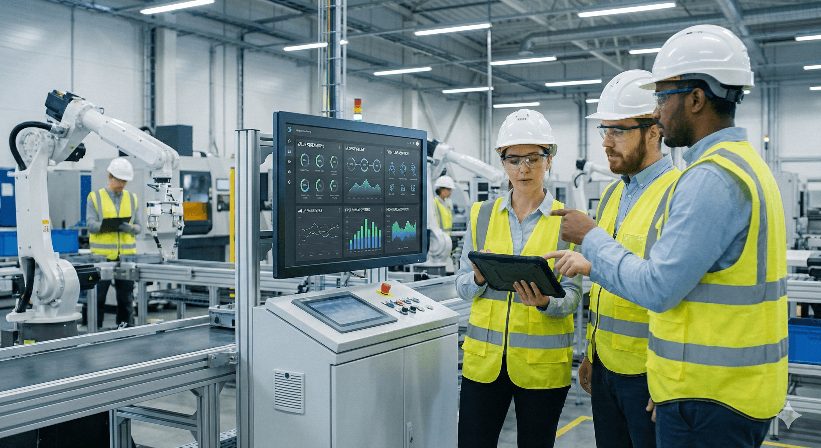 In a modern factory setting, three engineers wearing safety helmets and vests discuss data displayed on a tablet and monitor, with a robotic arm operating in the background, highlighting the integration of AI in manufacturing processes.