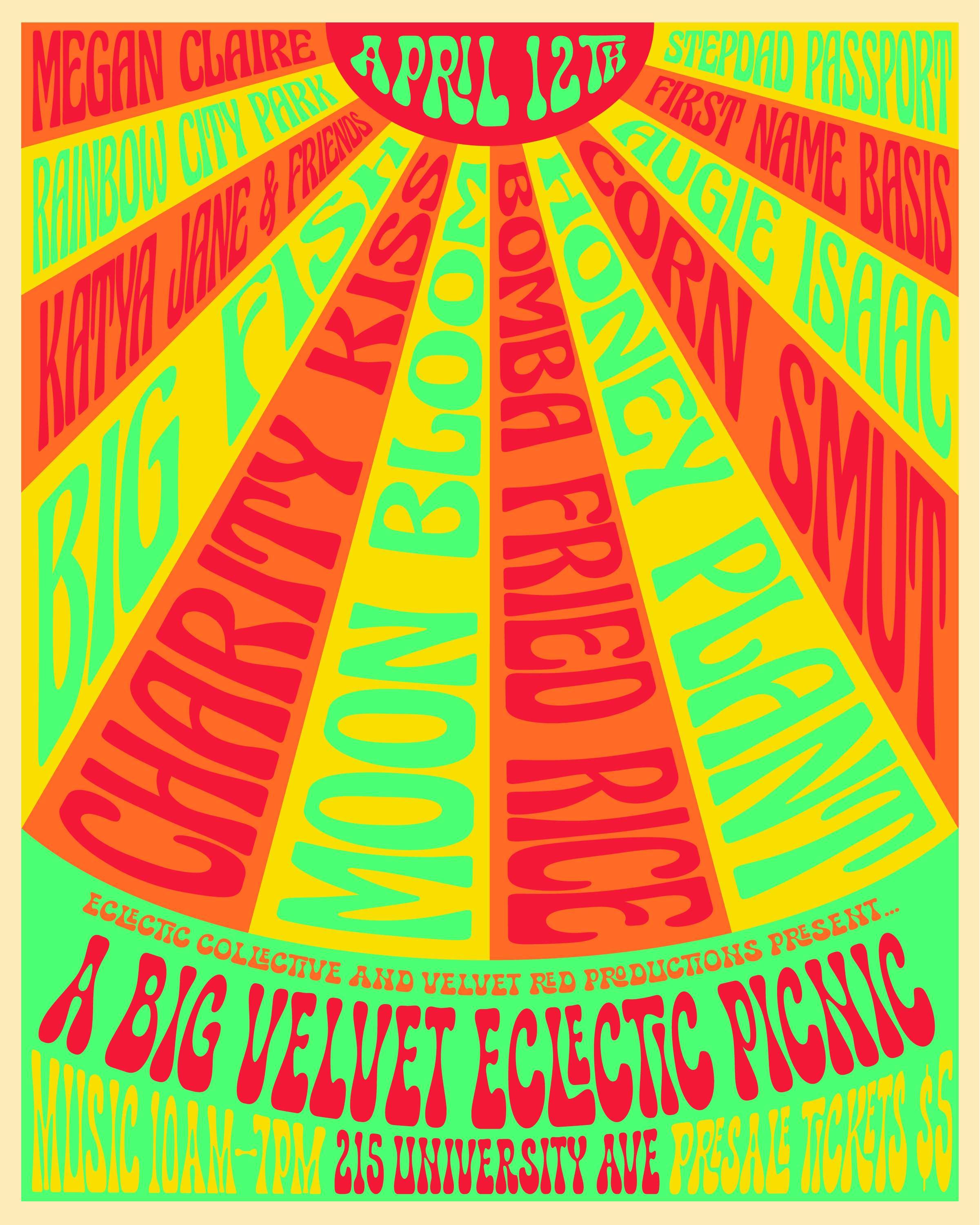 Poster for Picnic Day, UC Daviss 2025. Showing band names in a solar design. Color: orange, red, teal