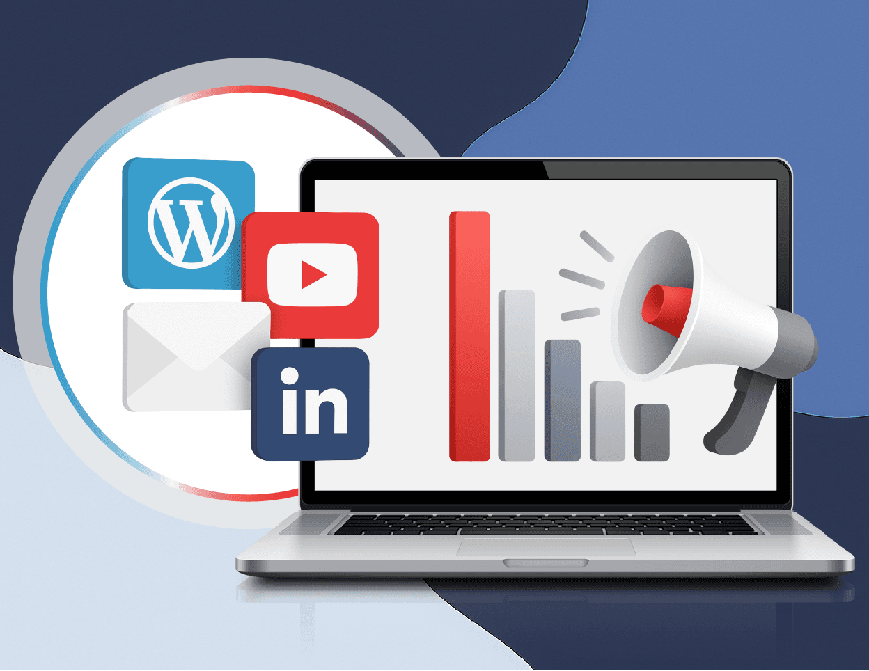 Illustration of a laptop with marketing analytics and social media icons