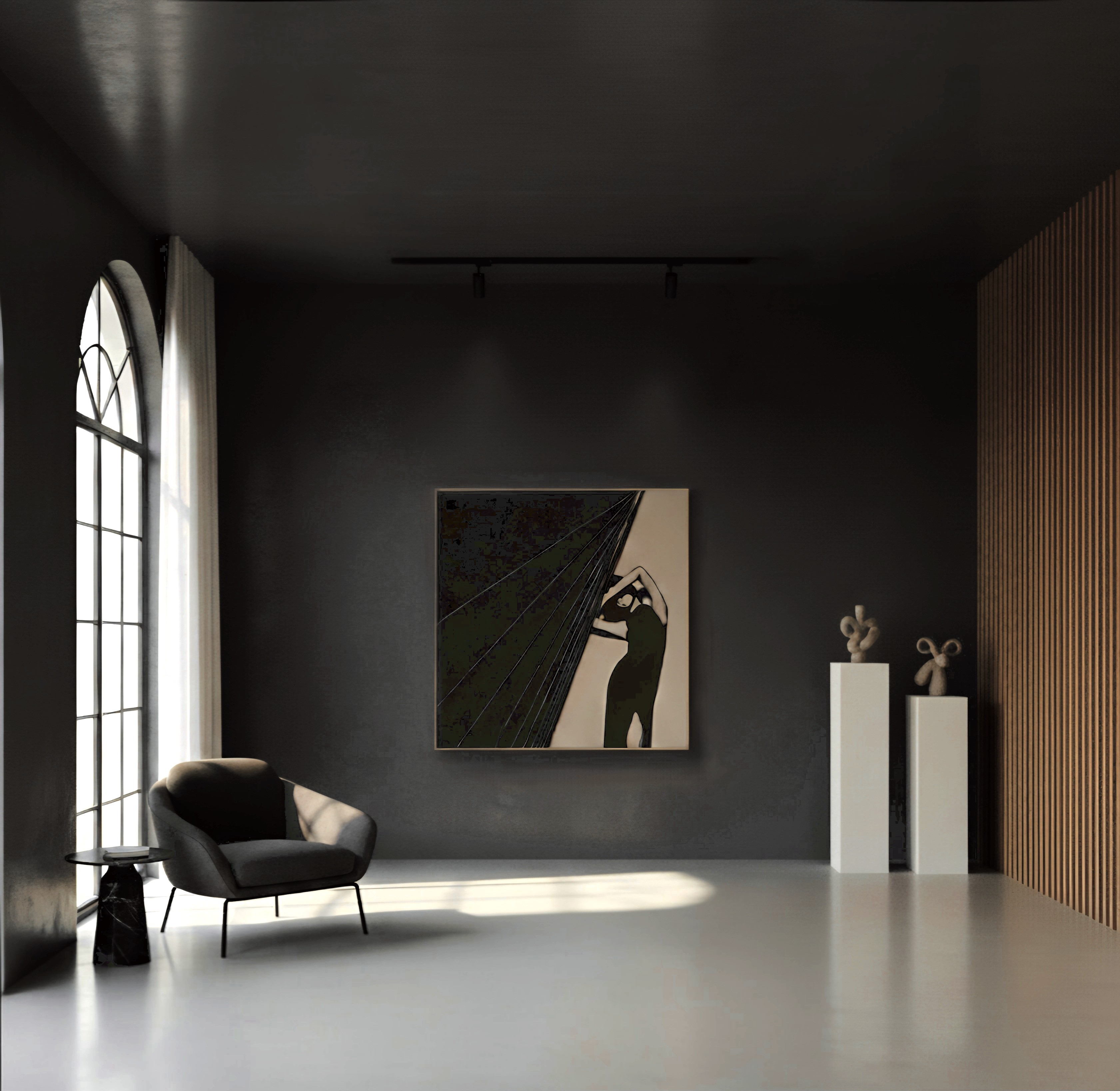 Minimal contemporary gallery interior with abstract figurative painting, spotlighted artwork with strong contrast and sculptural presence