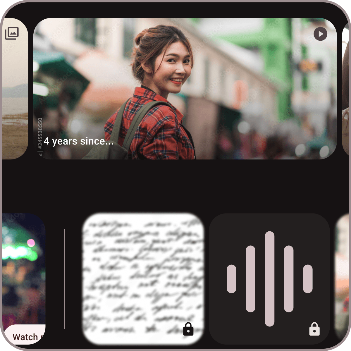Visual identifiers for media types and vault status, using unique iconography to reduce cognitive load and improve navigation for all users.