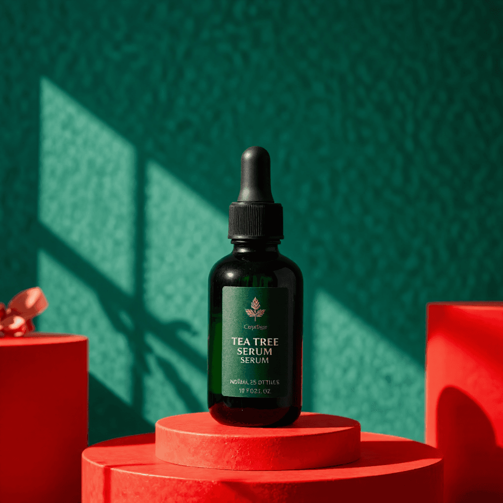 product photography of a bottle of tea tree serum for skincare