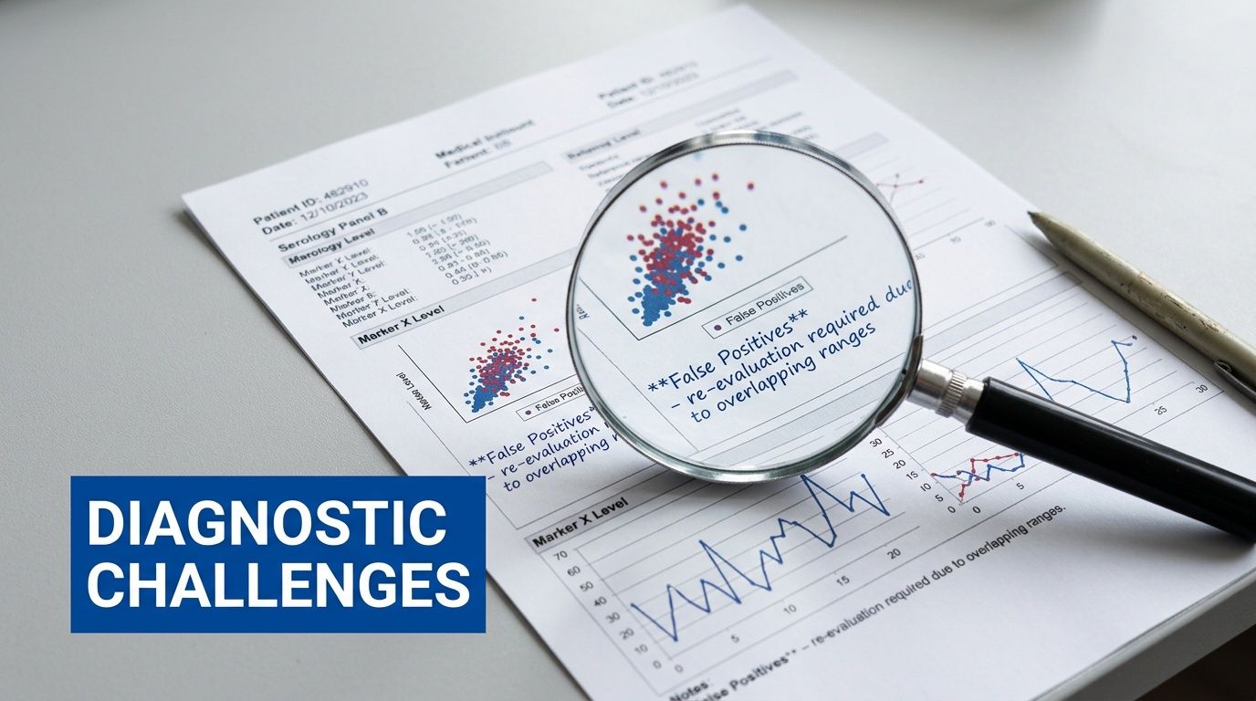 A magnifying glass focusing on data charts depicting medical diagnostic challenges and overlapping results on paper.