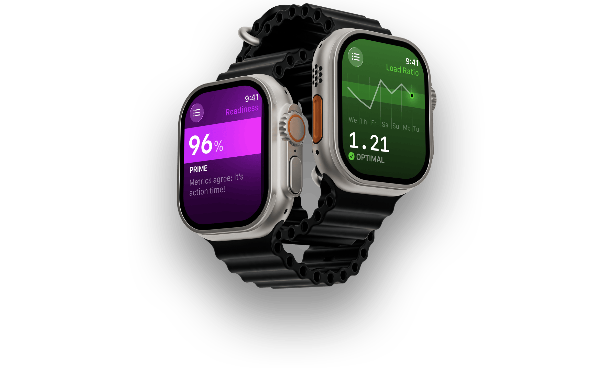 The Outsiders Apple Watch app complications for training and recovery tracking. Watch face shows Training Readiness at 96% (prime), training load ratio 0.84 (optimal), sleep duration 8h 39min (good), sleeping heart rate 45 bpm (low), blood oxygen 97% (normal), respiratory rate 11.5 br/min (normal), wrist temperature 36.3°C (normal), and HRV 52ms (elevated). Designed for cyclists, runners, and endurance athletes to monitor daily readiness and recovery metrics.