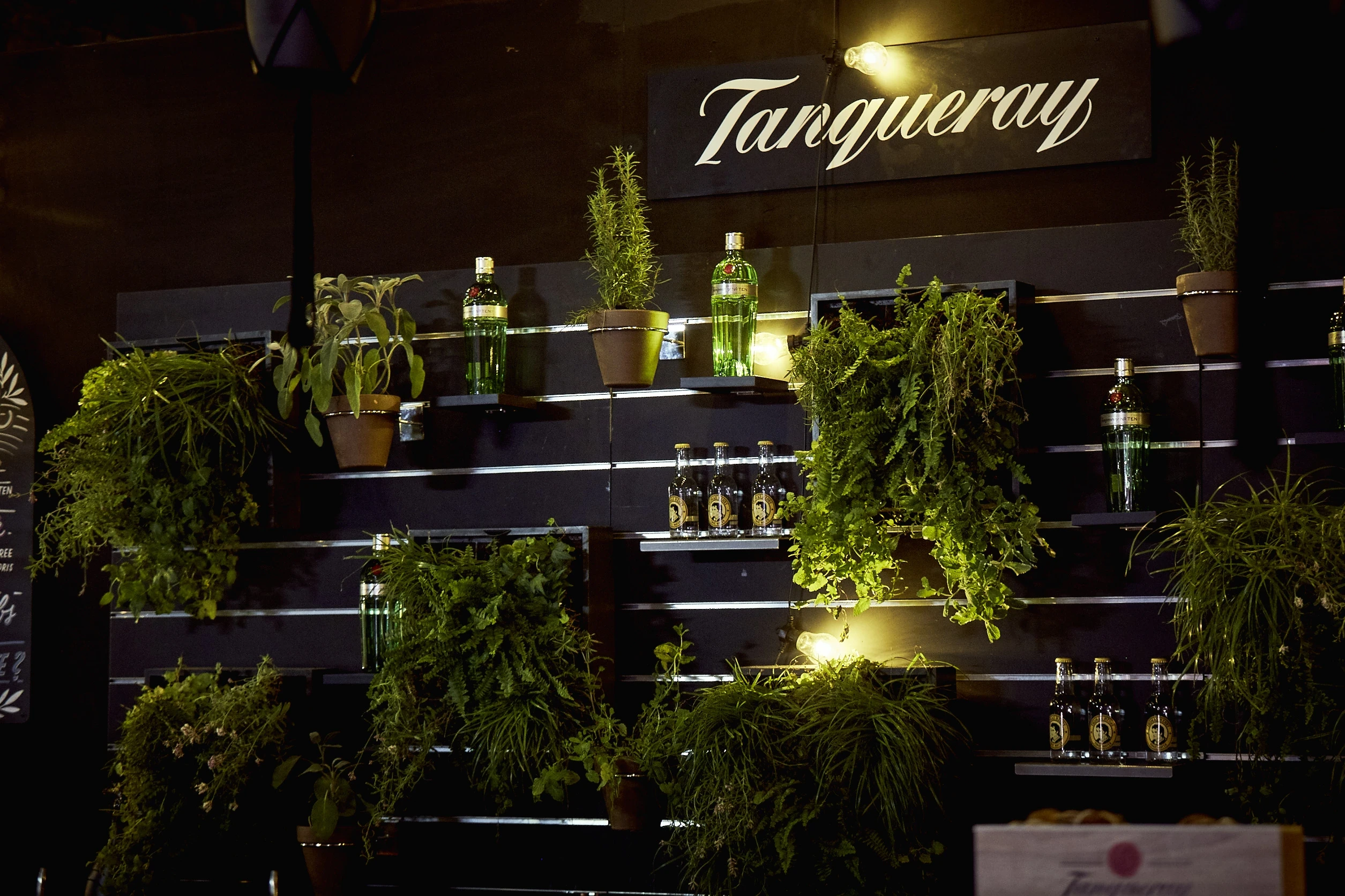 Tanqueray herb wall at DIAGEO BCB17 with potted plants and gin bottles on black slat shelves under a hand-lettered brand sign.