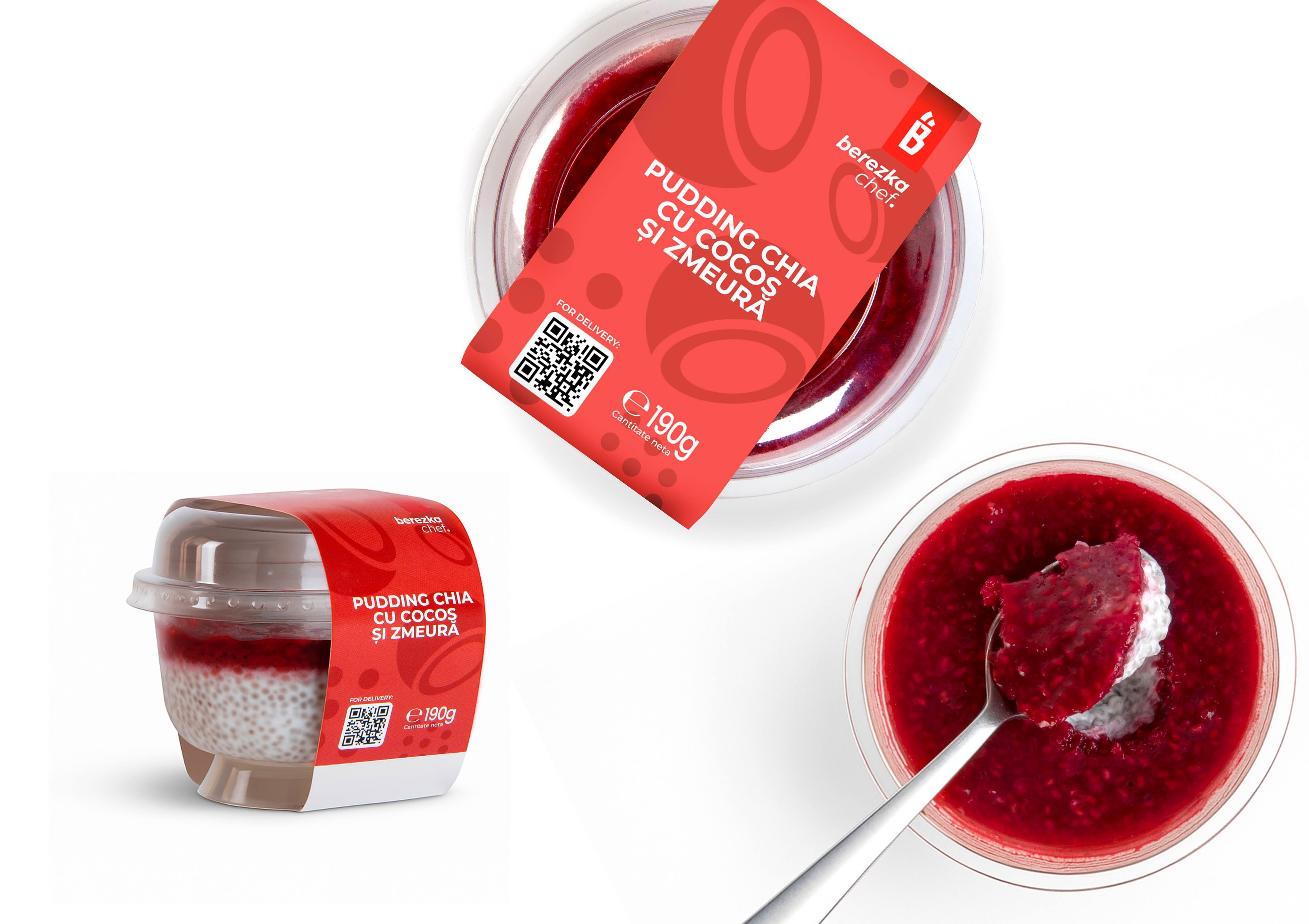 Berezka Chef chia pudding packaging — coconut and raspberry chia pudding. Round cup with red label and product close-up.