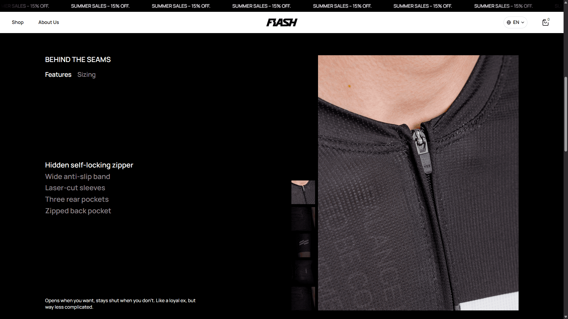 Close-up of the neckline and zipper area of a black cycling jersey, showing fabric texture and hidden self-locking zipper.