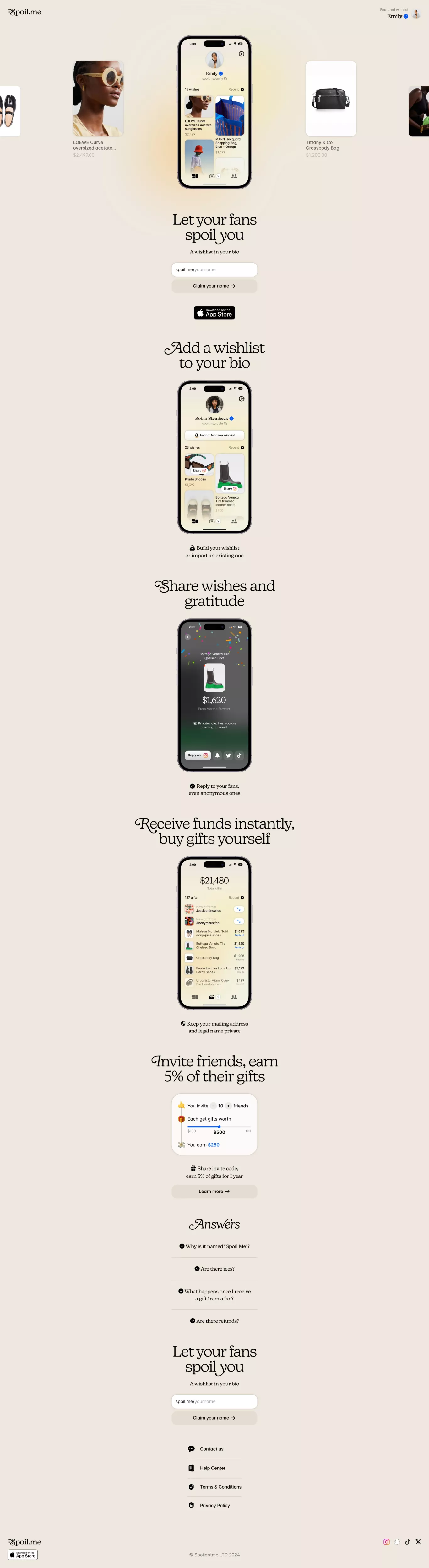 Spoil Me - the wishlist in your bio landing page screenshot showcasing Tech and Fashion design