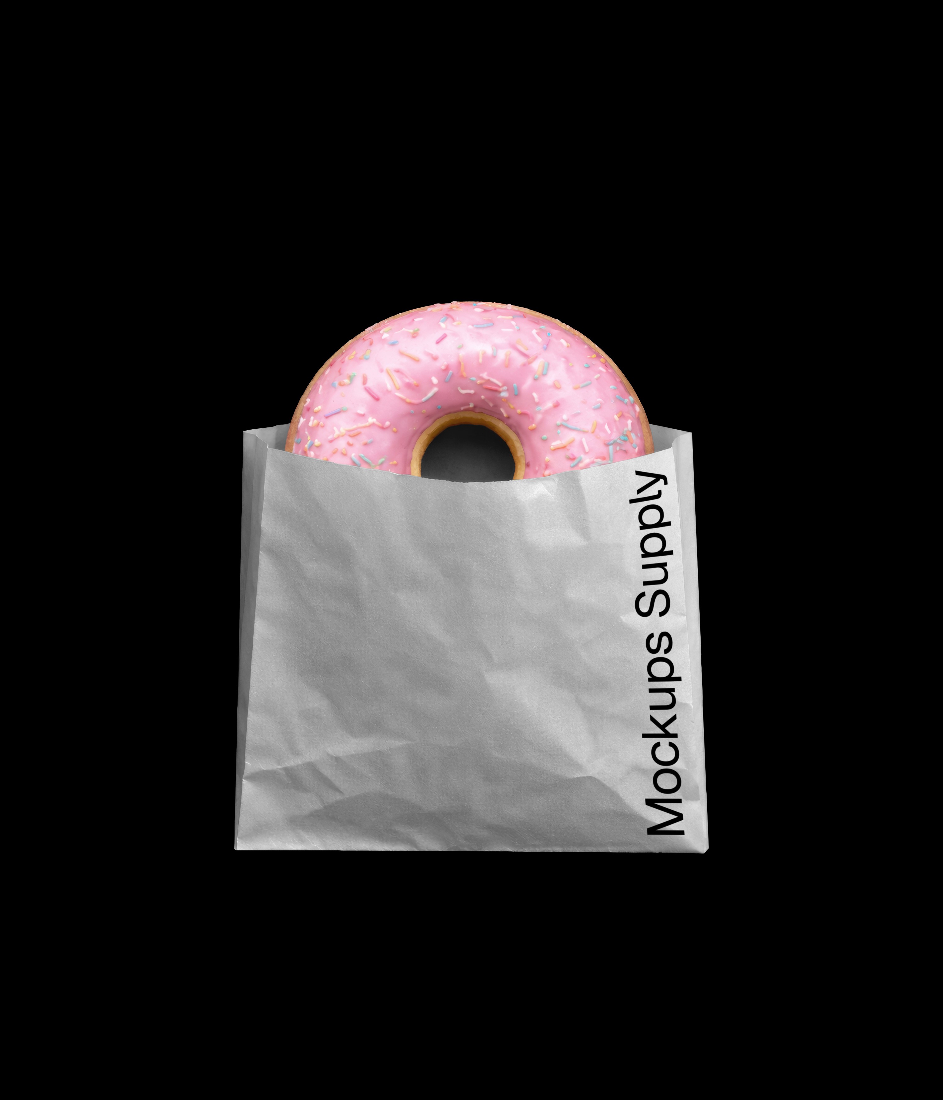 Pink sprinkle donut in white paper bag mockup on black background for Photoshop download psd on Mockups Supply