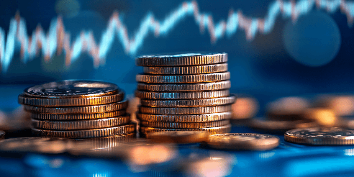 Stacks of coins are set against a blurred financial graph background, indicating growth and economic analysis, with a vibrant, optimistic tone.