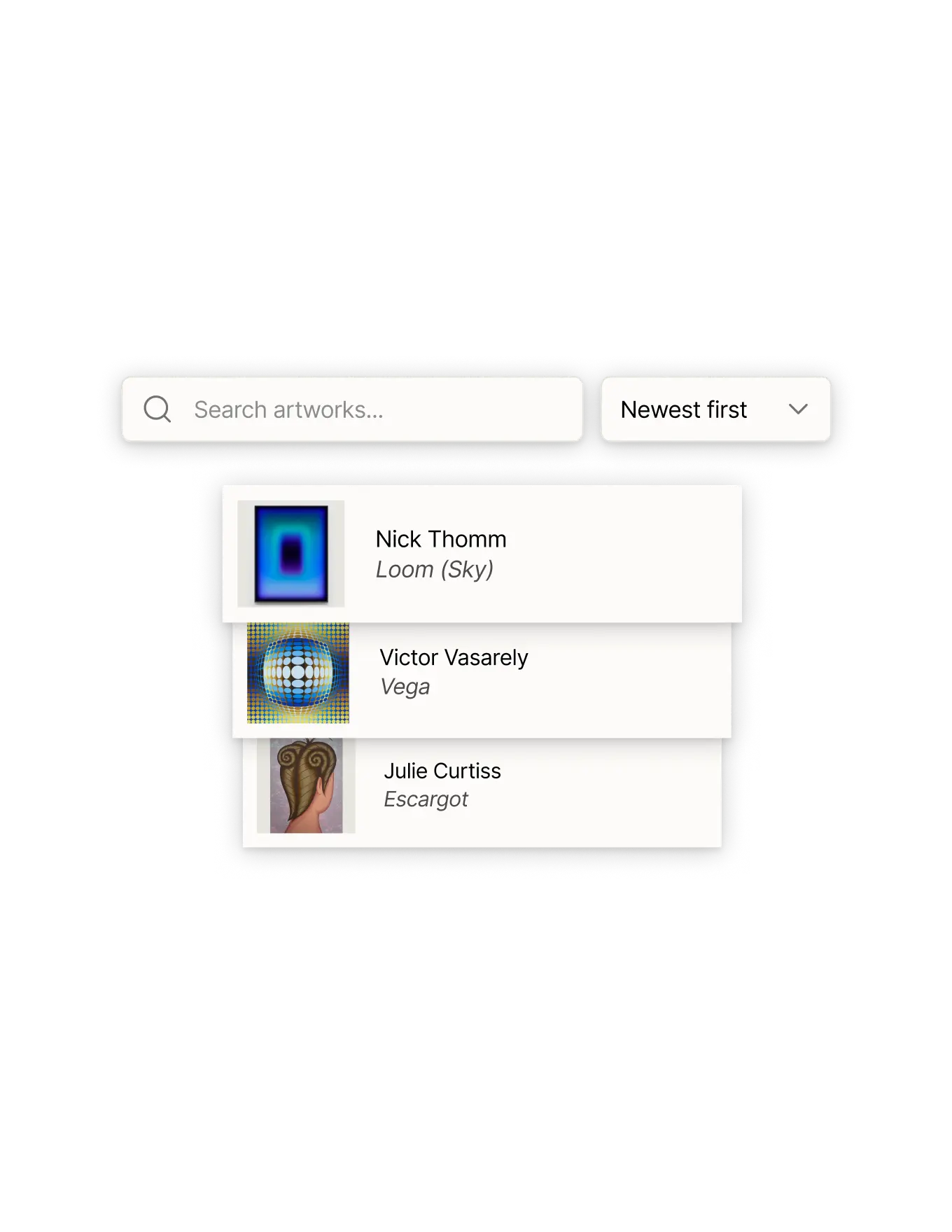 Artwork search bar and rtwork list with artwork image, artist, artwork title.