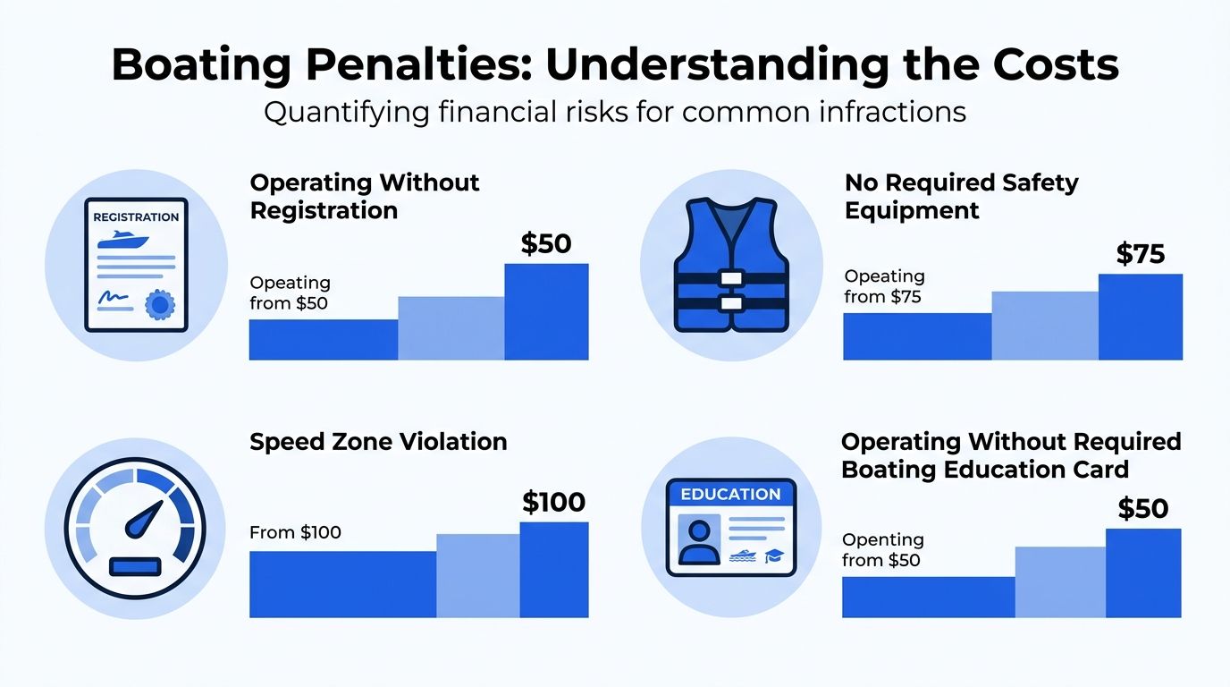 An infographic displaying financial penalty costs for common boating infractions like no registration or safety equipment.