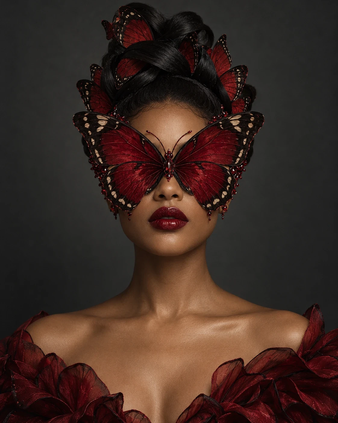 Red butterfly forms cover the eyes, with red lips and sculptural dark hair
