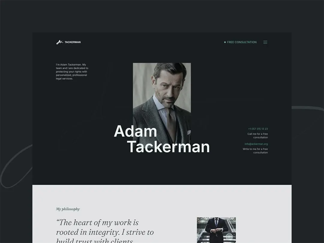 Tacker law firm website design, Framer template for legal services and attorney portfolio