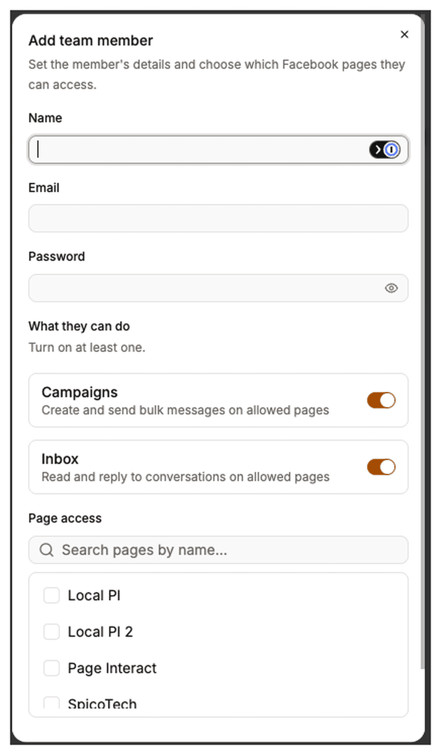Add team member dialog with name, email and password fields, module toggles and a per-page access list.