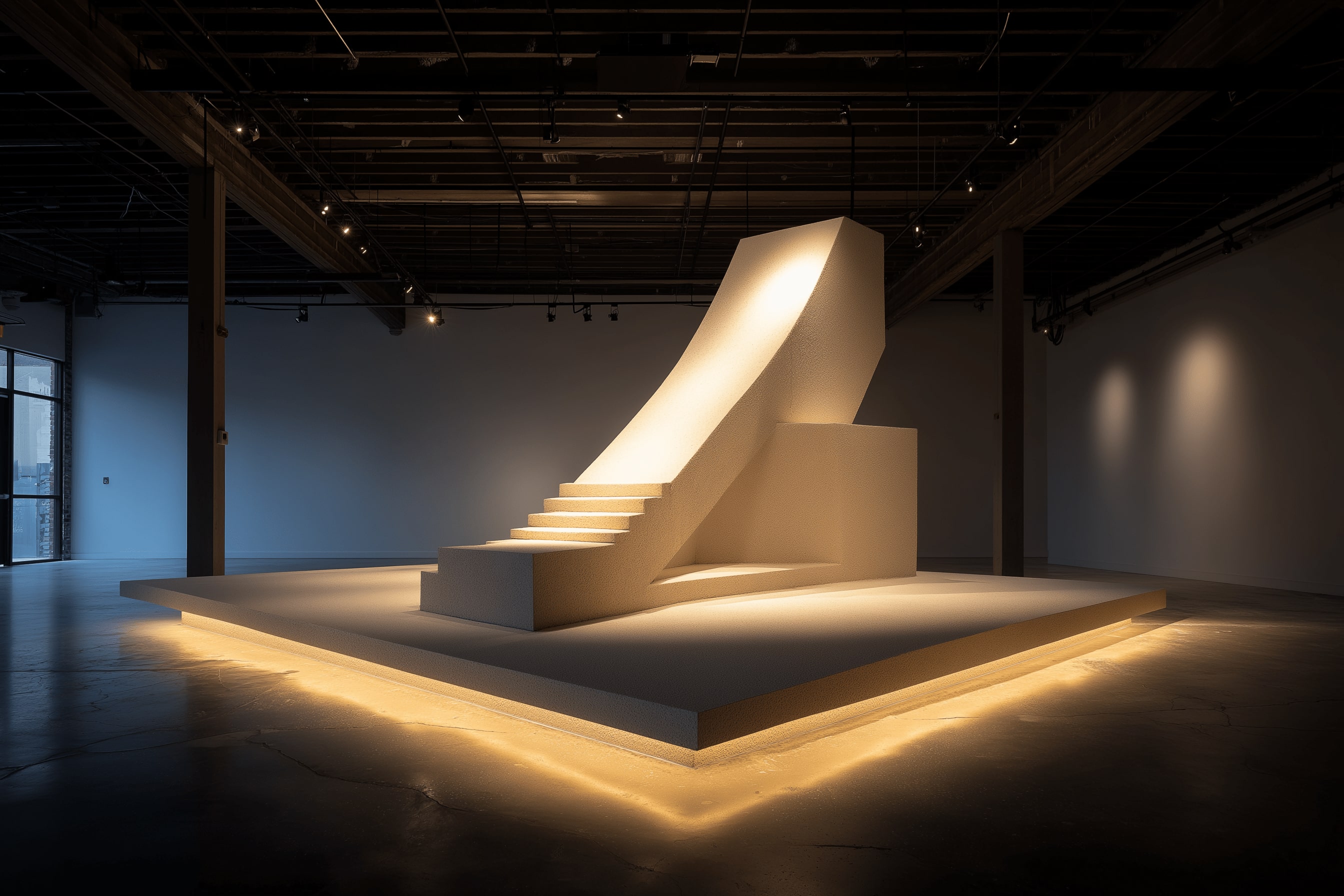 architectural exhibition in center of a room of a museum