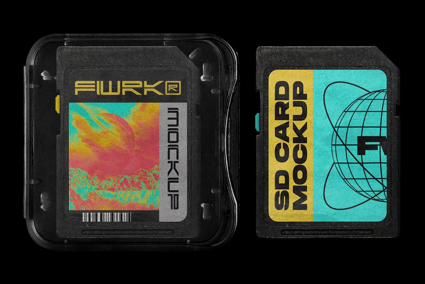 SD Card Mockup featuring the front of a black memory card inside a protective plastic case