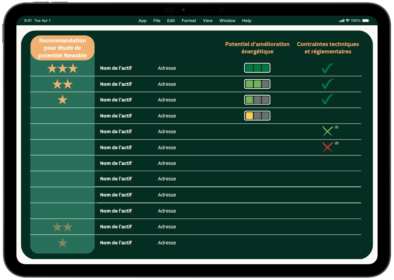 A tablet showing Newable's data-driven analysis of real estate assets, including energy improvement potential and technical constraints for decarbonization projects.