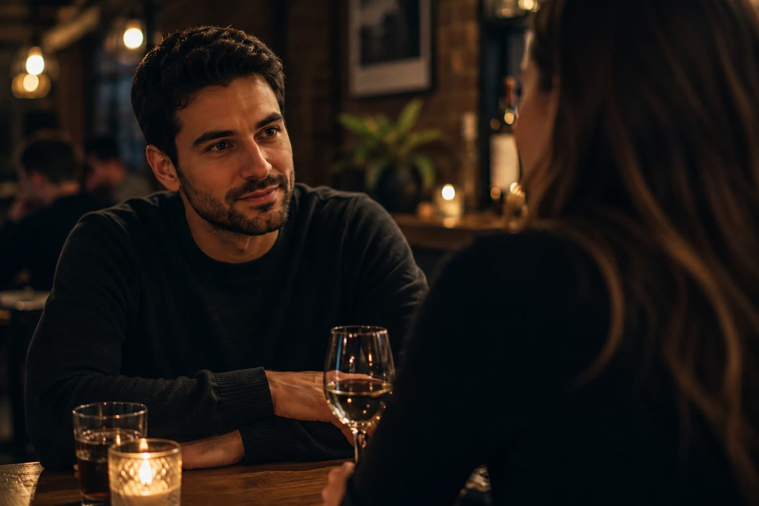 Mann sitzt in einem restaurant mit einer frau