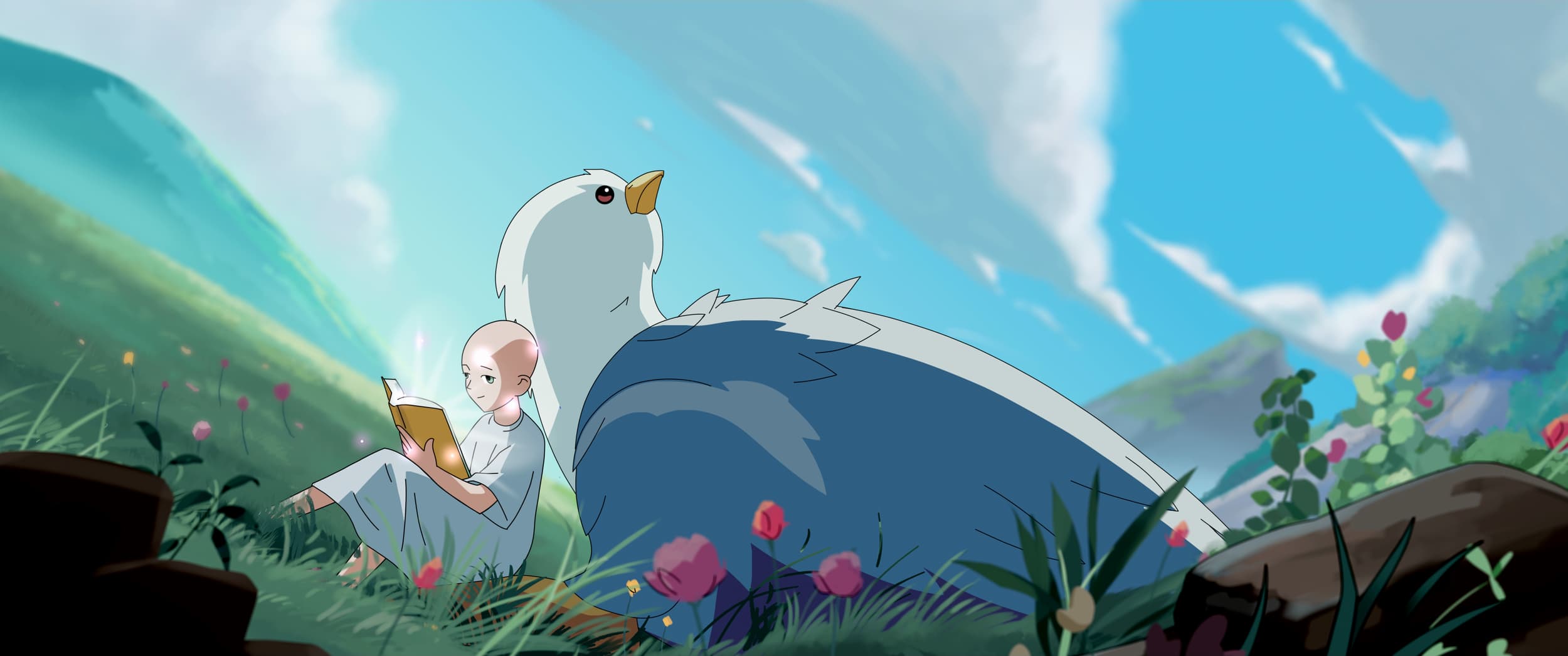 illustration of a child reading leaning against a giant bird