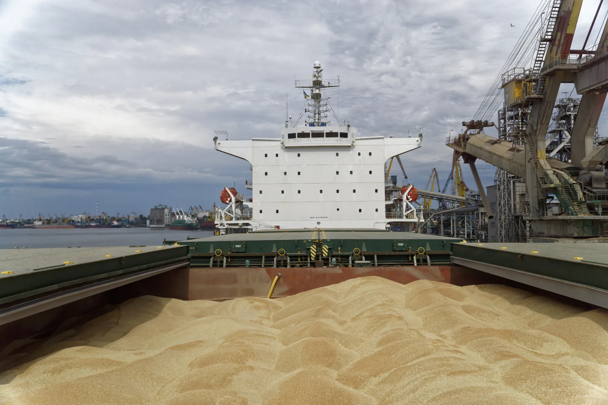 Bulk carrier loading grain at a Brazilian port, illustrating cargo quantity verification and documentation used in independent marine surveys and cargo claims.