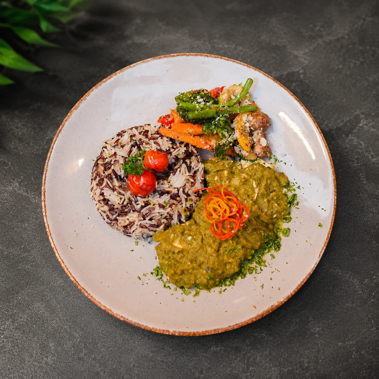 Green Chilli Verde With Butter Rice on a table