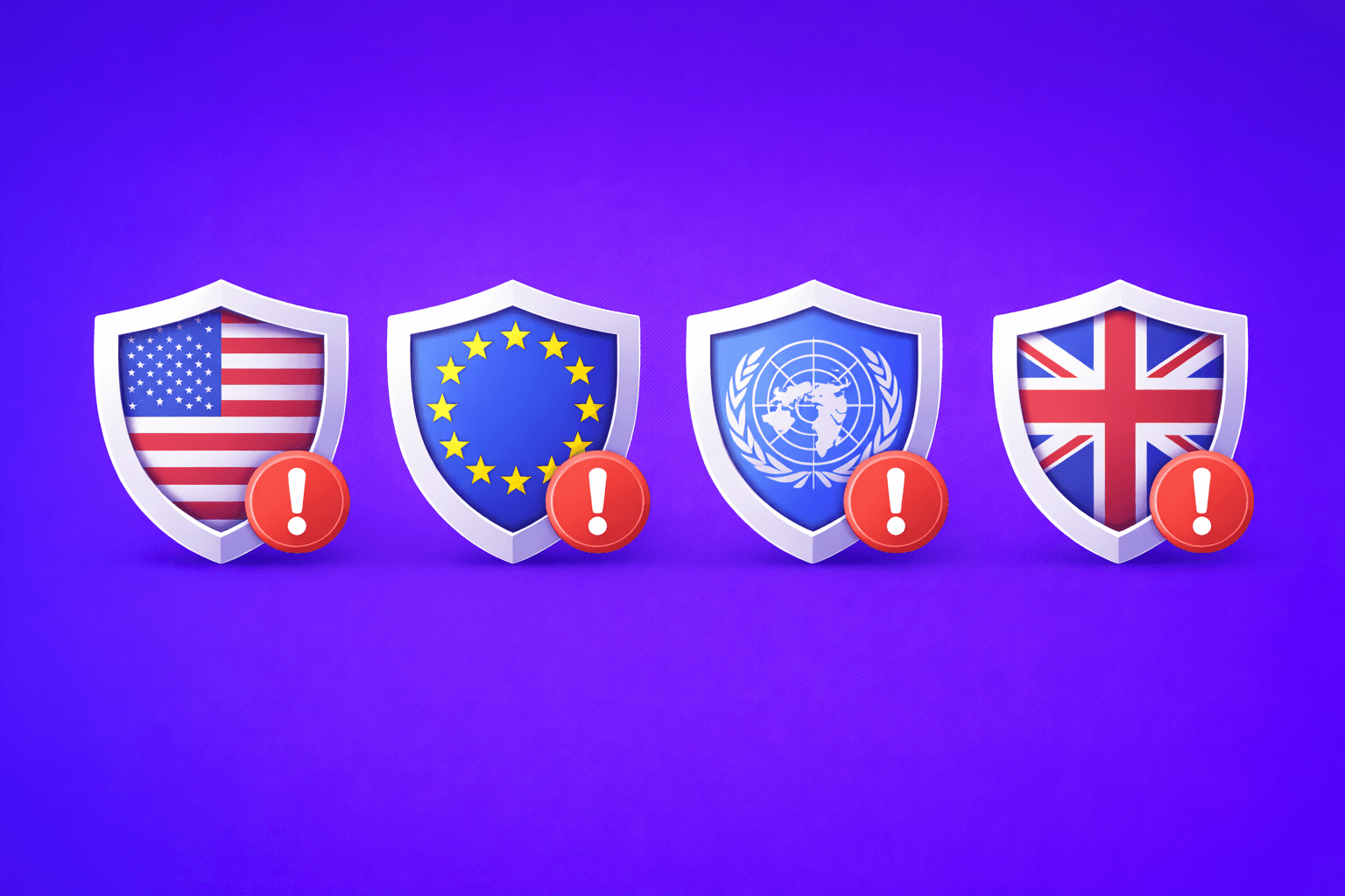 Customer screening fintech illustration with magnifying glass icon on blue to purple gradient background, representing AML compliance, real-time risk assessment, and identity verification for financial institutions.