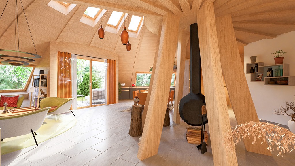 Séjour épuré avec poêle à bois suspendu, poteaux en V et grande baie vitrée sur la terrasse