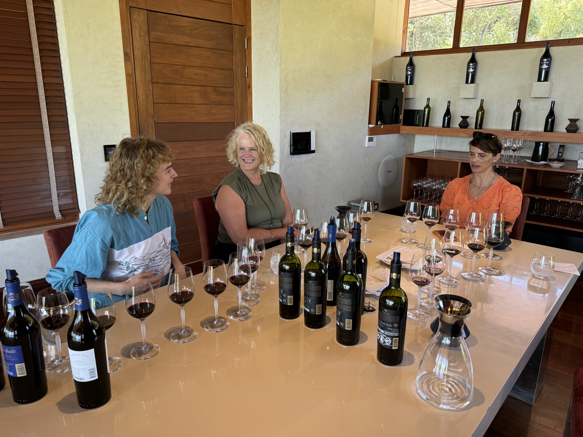 Tasting Clos Apalta wines together in the estate's tasting room in Chile's Apalta Valley.