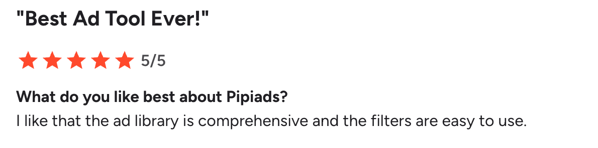 TikTok ad library with five-star review praising PipiAds ad tool