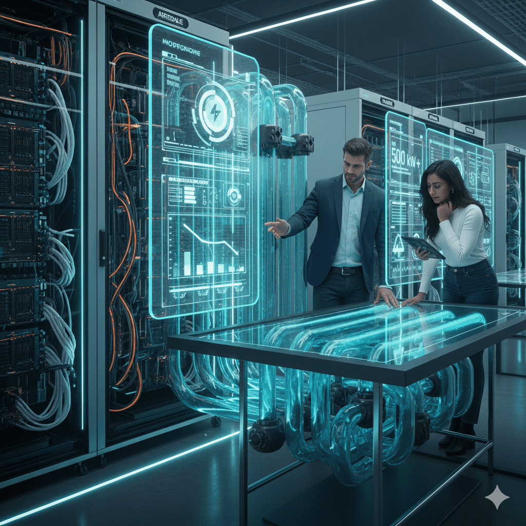 Two people in a futuristic AI data center are interacting with holographic displays showing complex data, charts, and power usage, with rows of servers and advanced technology surrounding them.