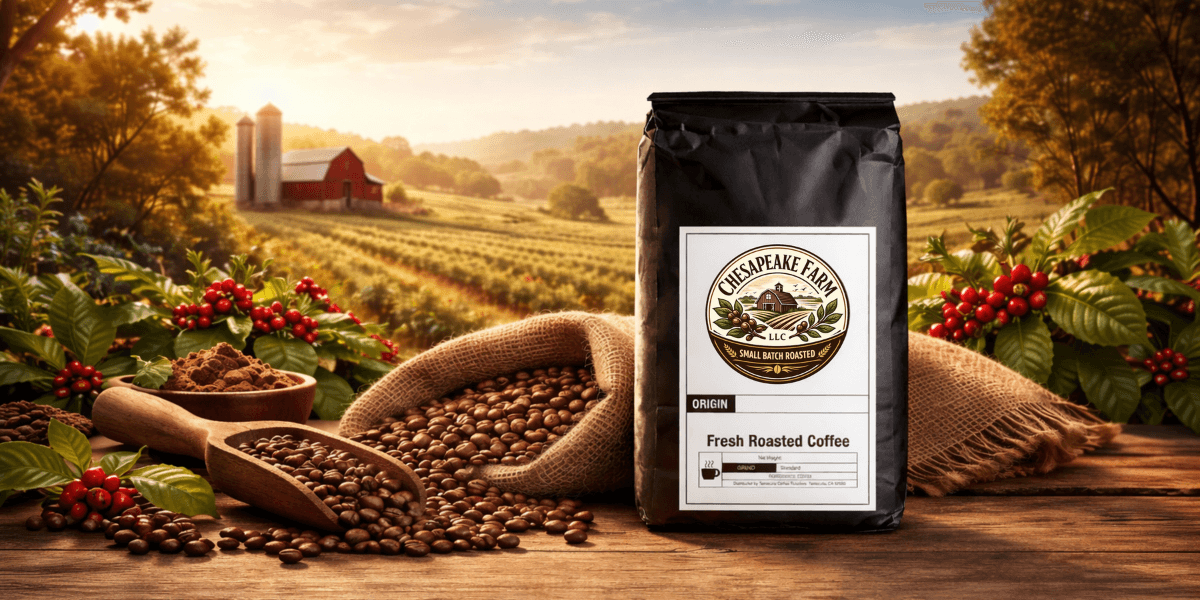 A coffee bag labeled "Chesapeake Farm Fresh Roasted Coffee" sits on a rustic table with burlap sacks and coffee beans. A sunny farm with a red barn is in the background.