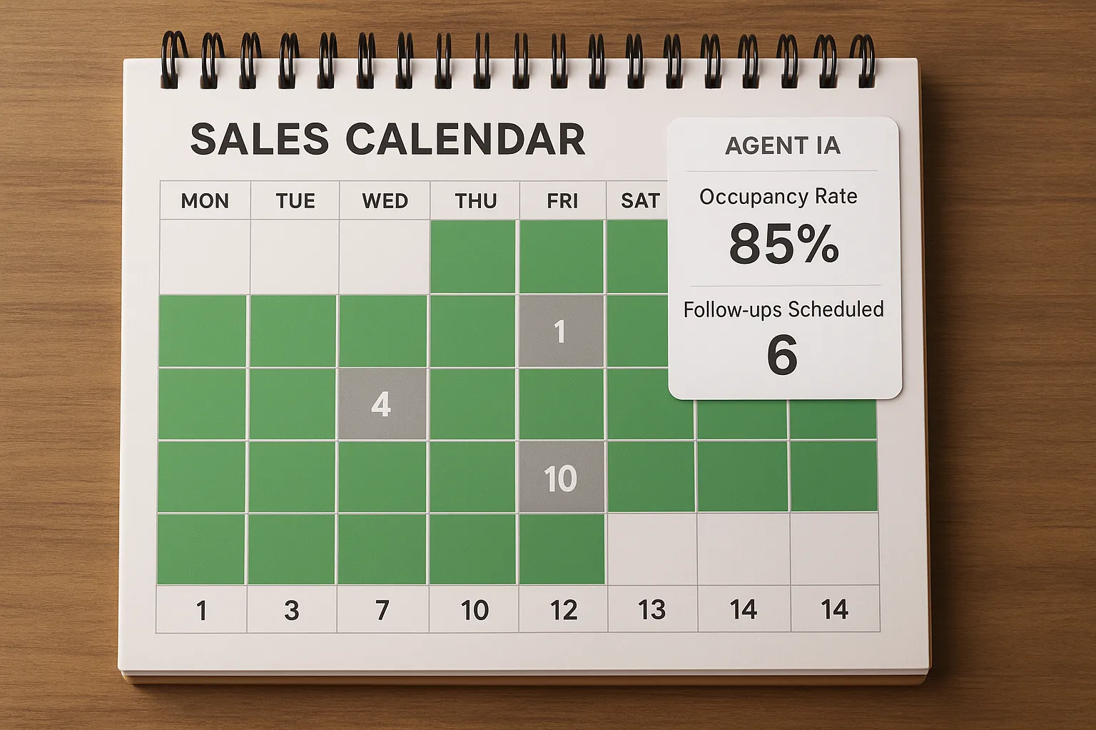 Vue conceptuelle d’un calendrier de vente sur deux semaines avec des créneaux majoritairement verts, quelques cases grises pour la marge de suivi, et un encart 