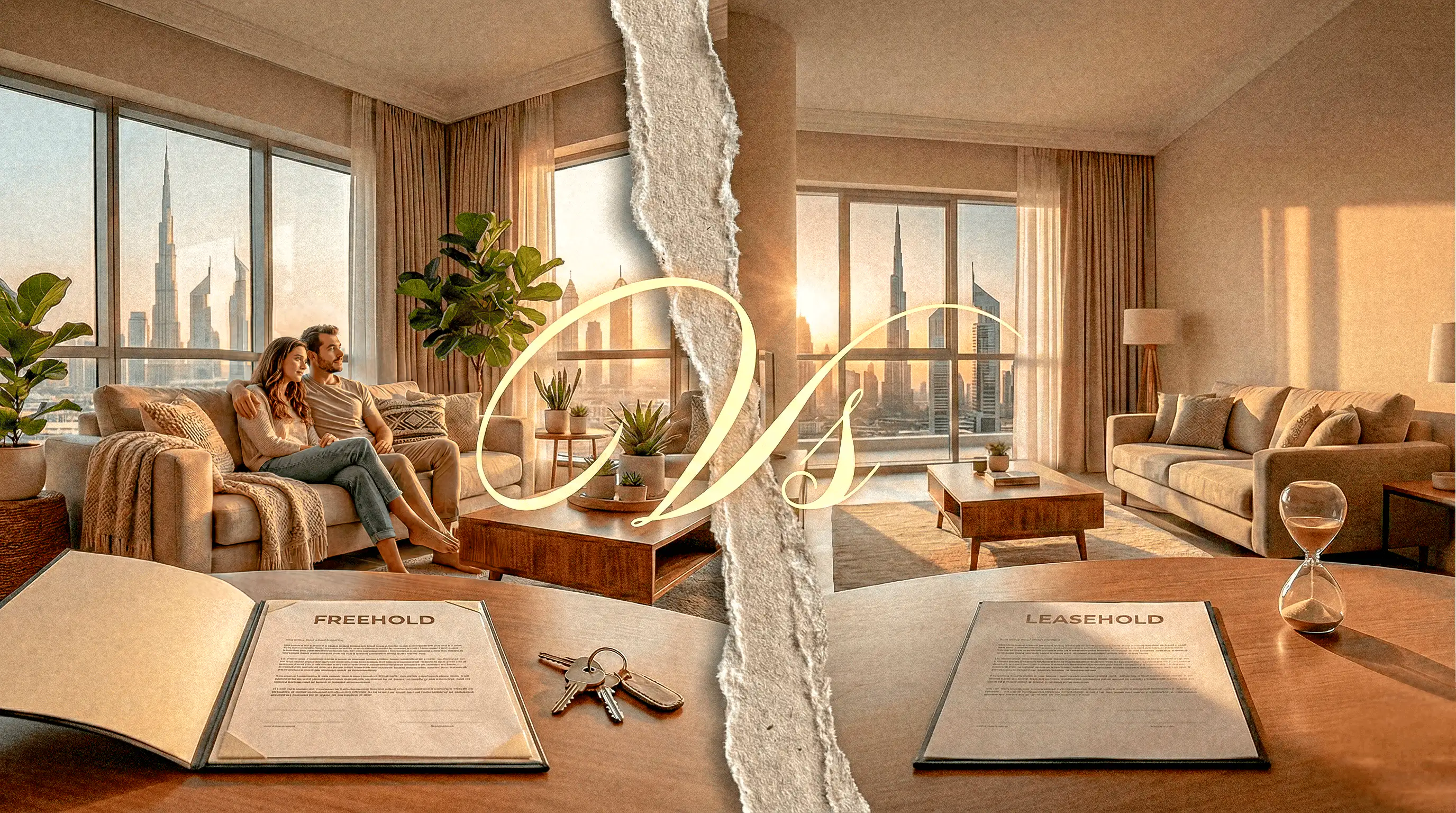 Comparativa entre propiedad freehold y leasehold en Dubái, representada por dos viviendas con contratos inmobiliarios.