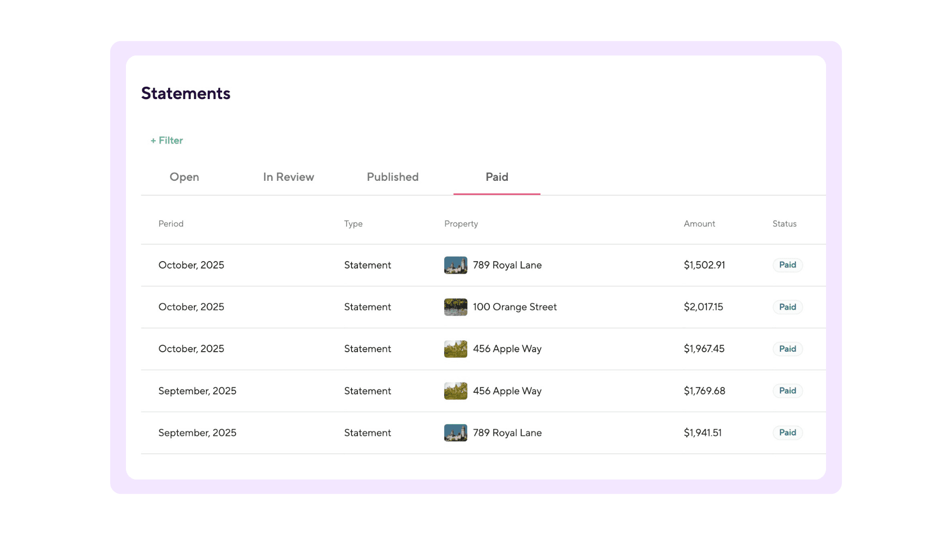 Owner Payouts mockup
