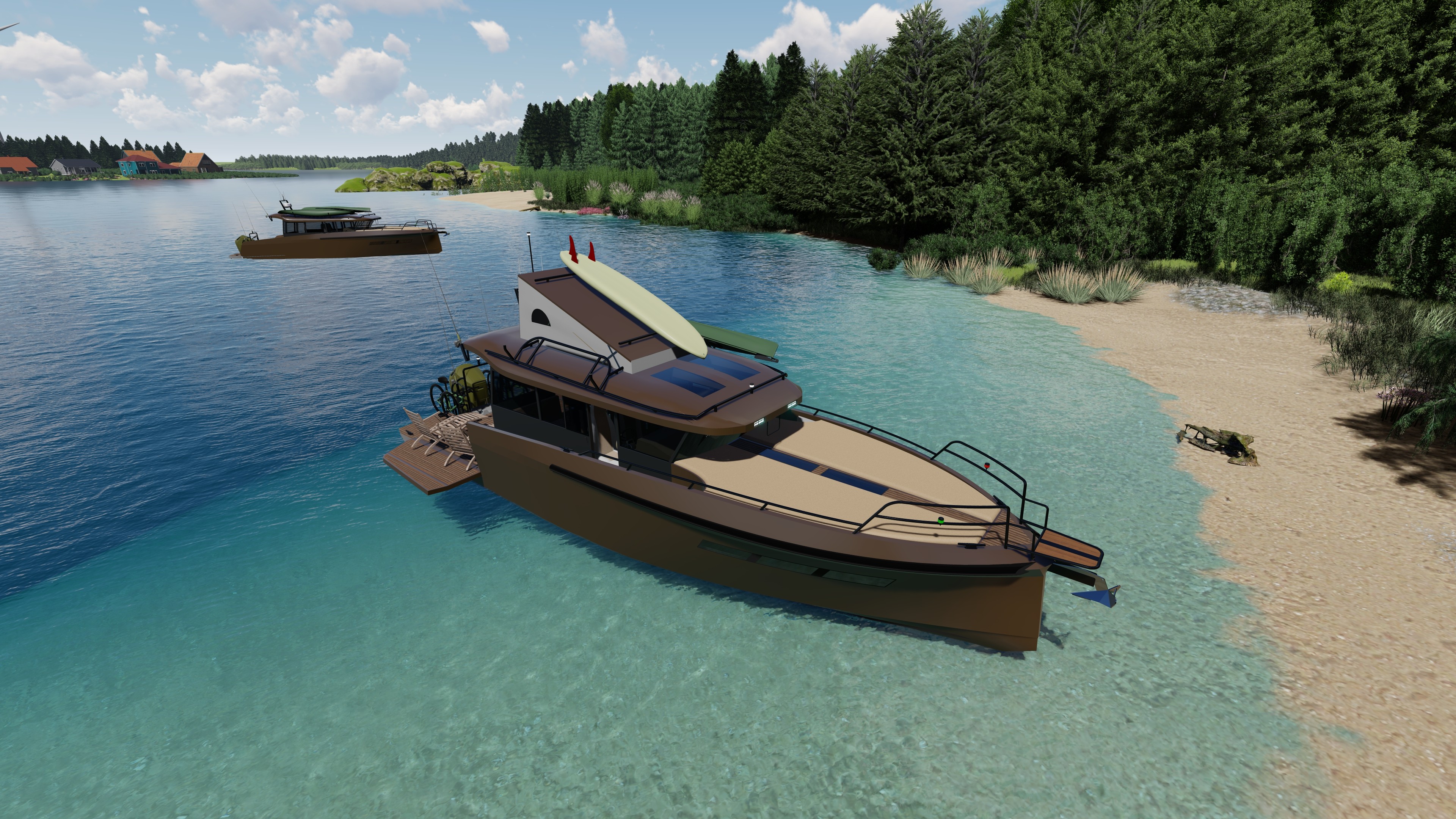 Elegant motor yacht with modular layouts and flexible spaces, designed by Ronan Ohier to adapt to different cruising and leisure needs.