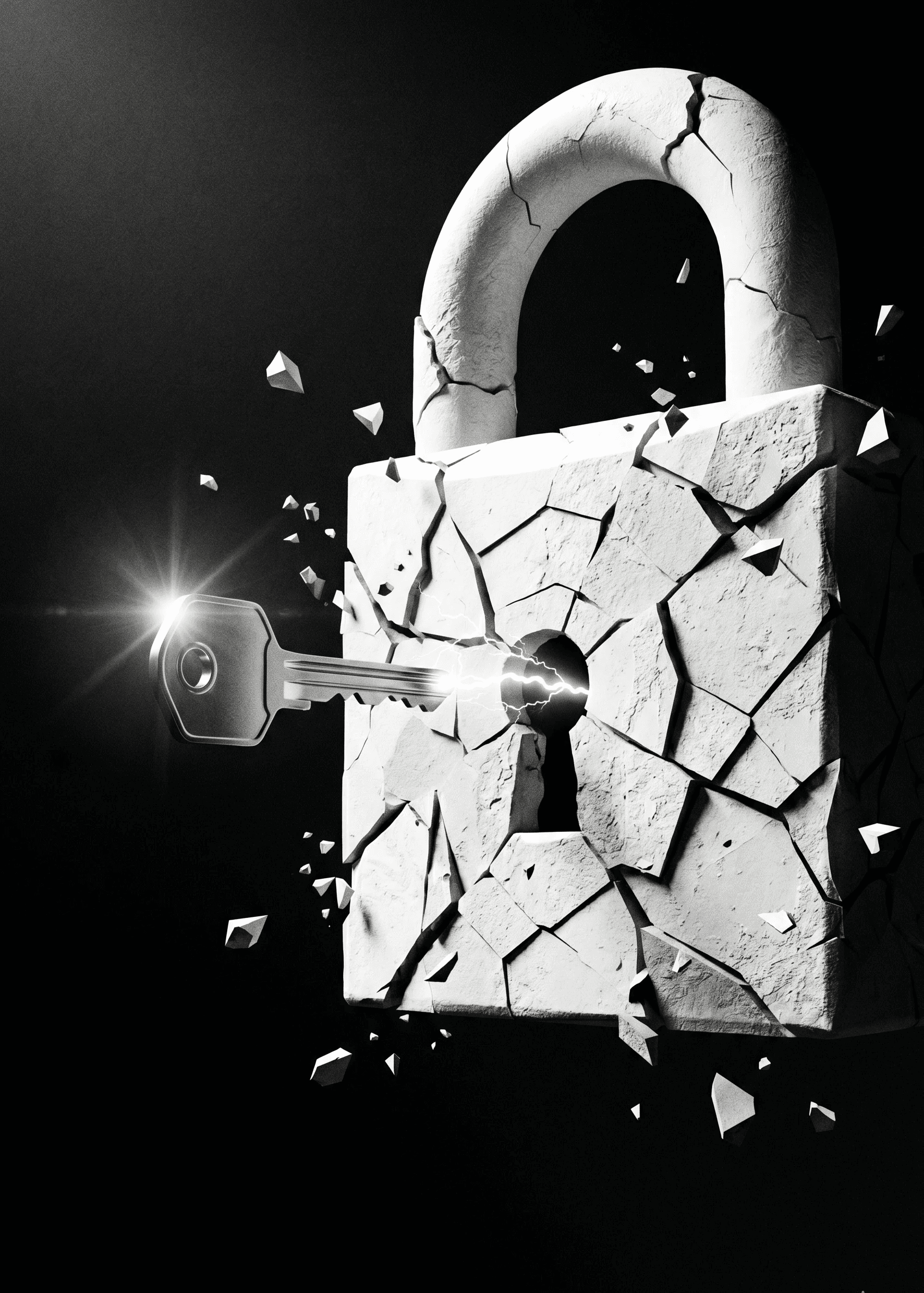 A high-contrast, black-and-white image of a large white padlock covered in deep geometric cracks, caught mid-fracture against a solid black background. A polished key is suspended in mid-air right in front of the keyhole, with a bright, crackling electrical arc jumping between the key tip and the lock. Small, sharp fragments of the padlock float through the air under dramatic top-left lighting