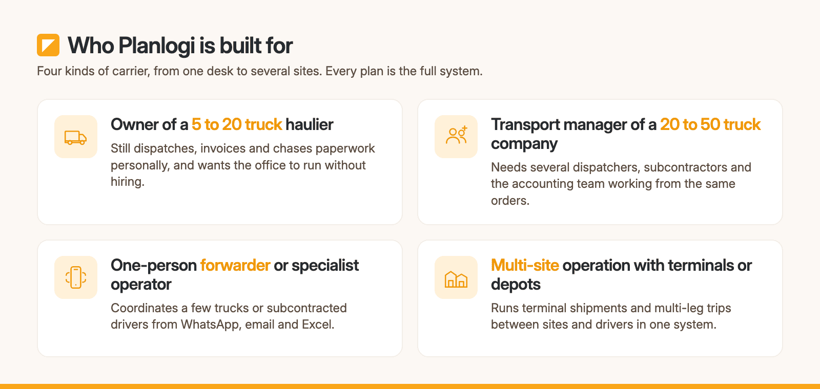 Who Planlogi's TMS is built for: owners, transport managers, small forwarders and multi-site hauliers