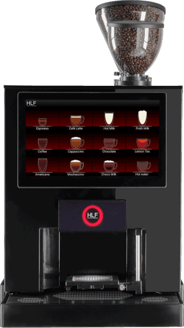 Black coffee machine with digital touchscreen and visible bean hopper